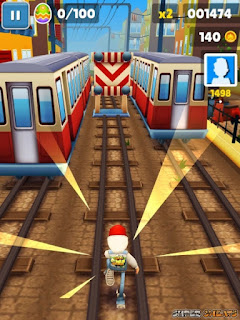 Jumping  As well as having to dodge between the lanes, subway surfers also features vertical game play. This means that you will have to jump over obstacles and onto new paths above your head. To do this, simply swipe up on your screen.