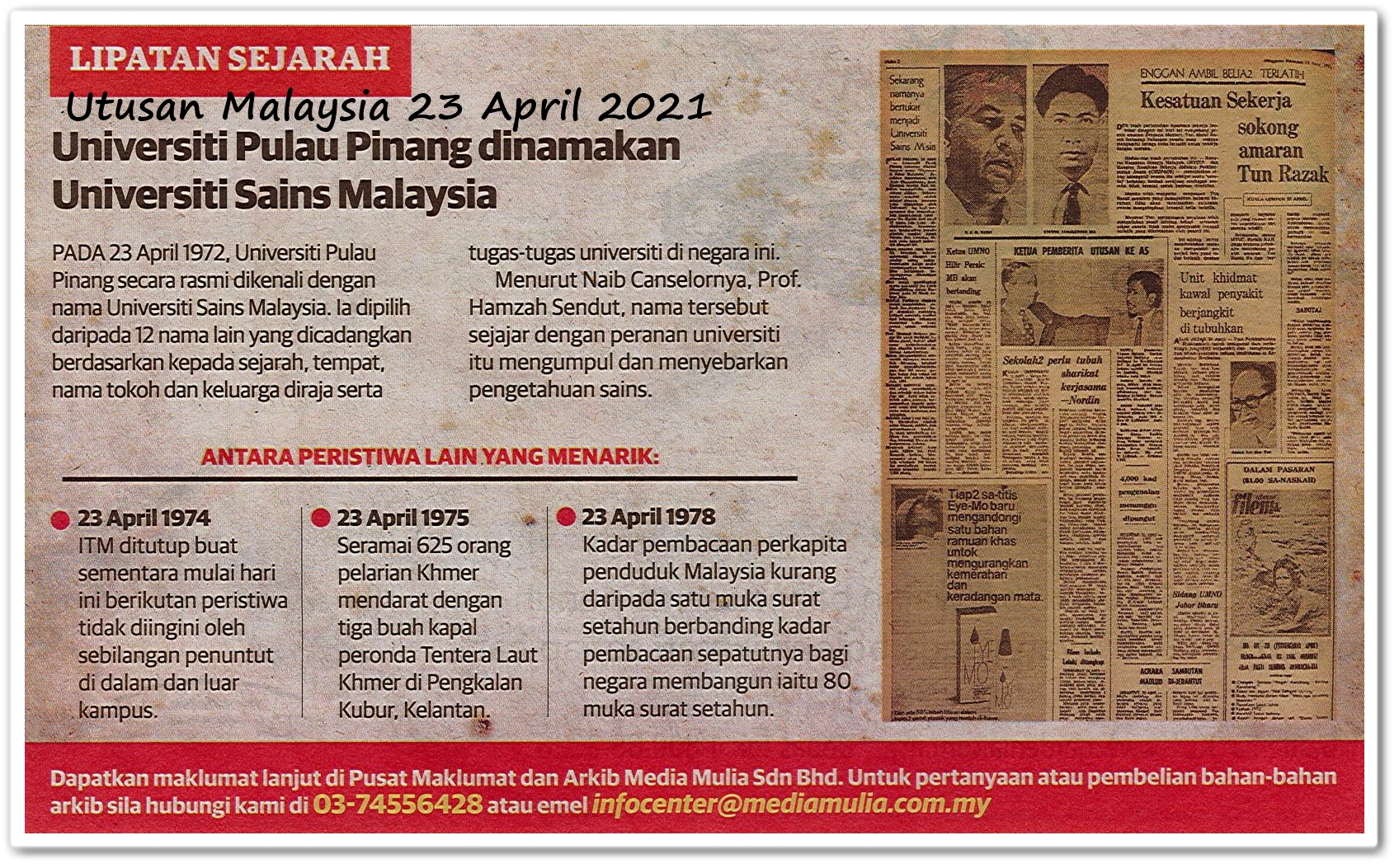 Lipatan sejarah 23 April - Keratan akhbar Utusan Malaysia 23 April 2021