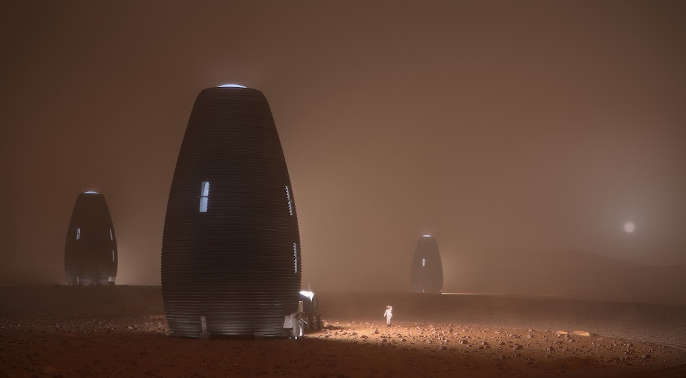 3D-printed Mars base MARSHA in duststorm by AI SpaceFactory (NASA’s 3D-Printed Habitat Challenge)