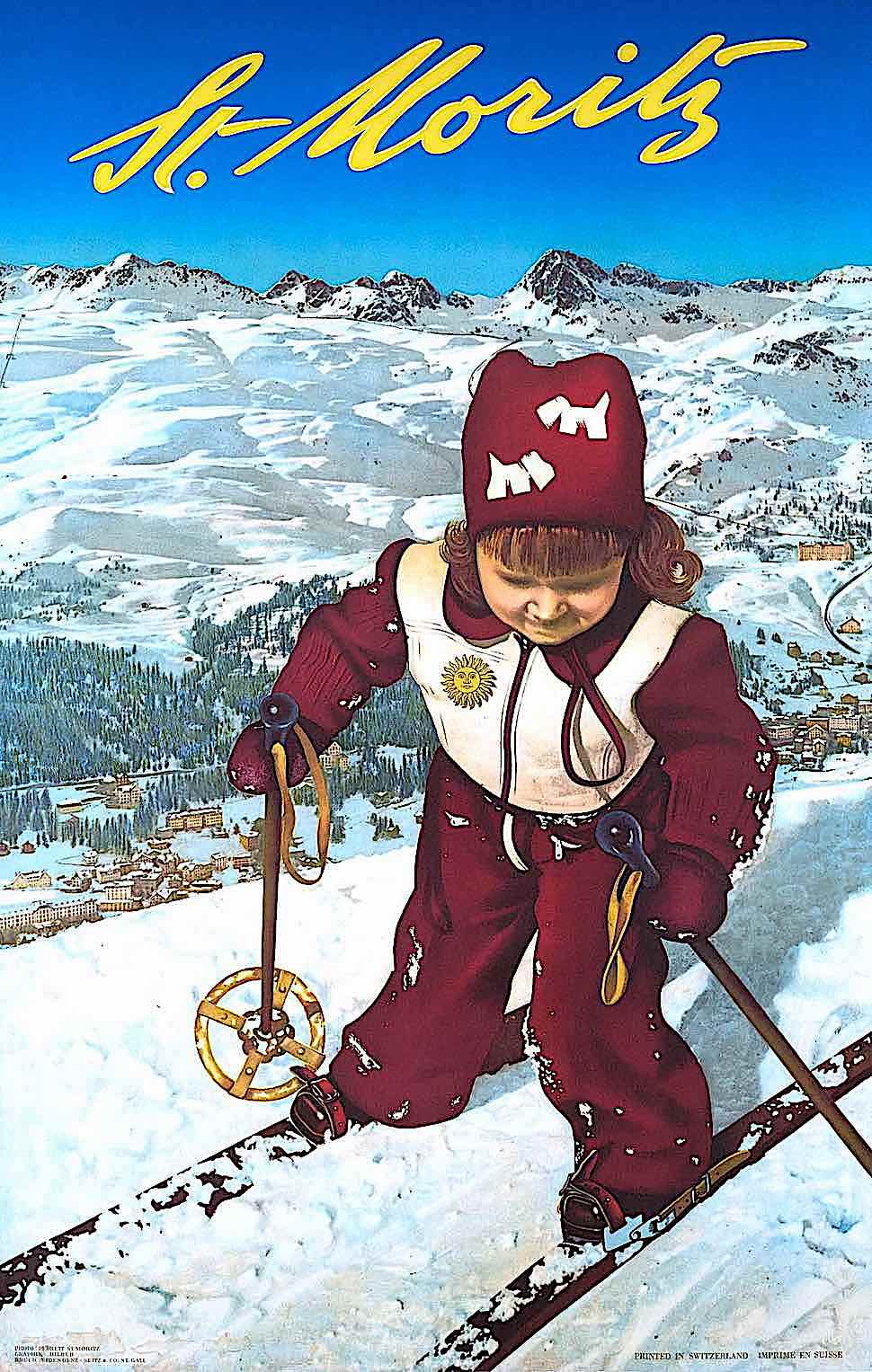 St. Moritz a 1950 travel poster with a little girl on skiis in a realism illustration