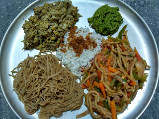 Homemade whole wheat veg noodles, Stringhopper, Banana flower poriyal, Mint chutney