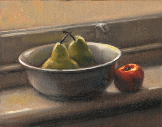 Still life oil painting of two pears in a ceramic bowl and a mandarine on a windowsill.