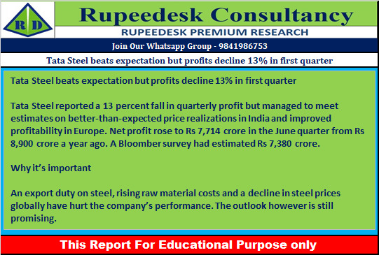 Tata Steel beats expectation but profits decline 13% in first quarter - Rupeedesk Reports - 26.07.2022