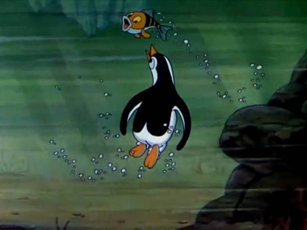 He runs into a problem, though, as the fish he gets for the female penguin 