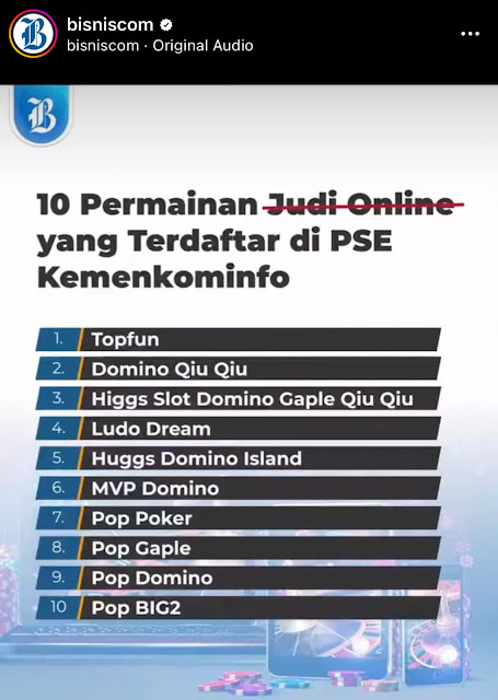 10 Permainan Judi Online yang Terdaftar di PSE Kemenkominfo