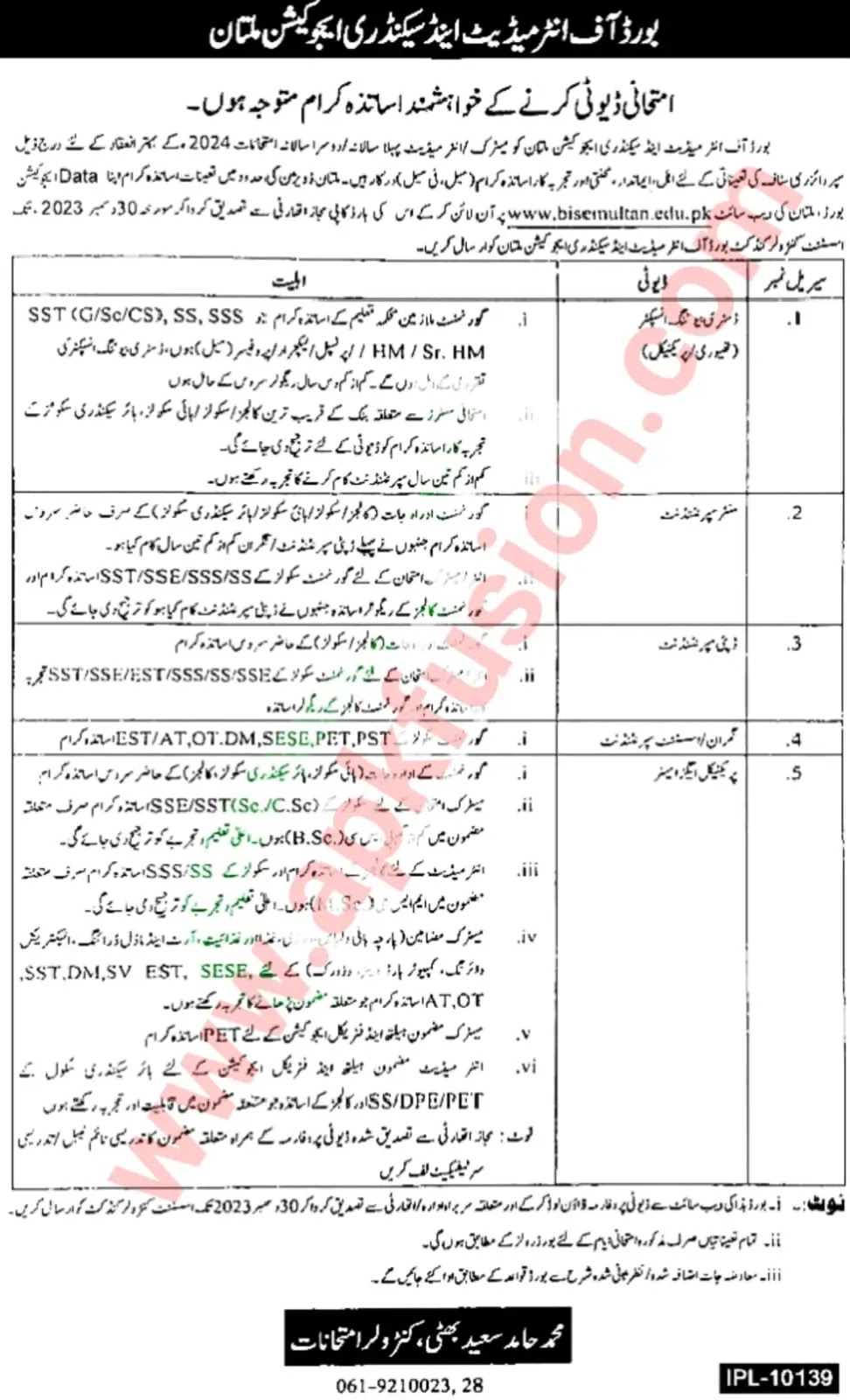 BISE Multan Jobs 2023 Application Form - www.bisemultan.edu.pk