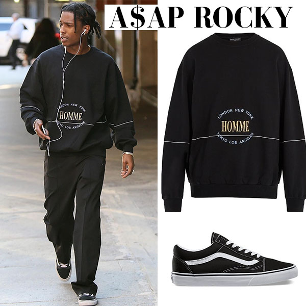 A$AP Rocky in black Balenciaga sweatshirt in New York City