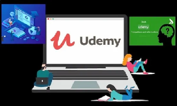 A laptop with the word "Udemy" appears on red color on the screen. There is another photo of students watching training course