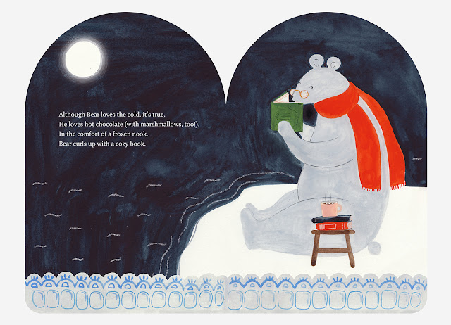 Polar Bear Illustrated by Dinara Mirtalipova. Polar Bear is drinking a cup of hot cocoa.  A story from North Pole Village written by Sabrina Makhsimova and Illustrated by Dinara Mirtalipova, published by Chronicle Books