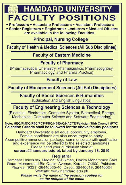 Hamdard University Karachi Jobs 2019