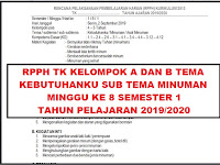 RPPH TK KELOMPOK A DAN B TEMA KEBUTUHANKU SUB TEMA MINUMAN KURIKULUM 2013