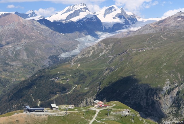 Across the valley are the plateau where we hiked from Gornergrat down to Riffelberg and on to Riffelalp a few days ago.