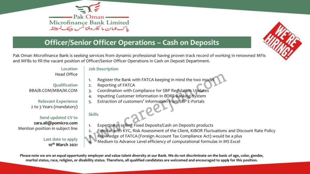 Pak Oman Microfinance Bank Jobs 2021 - Online Apply - zara.ali@pomicro.com