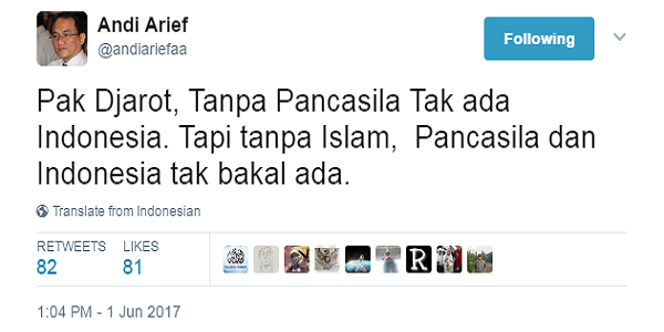 Ucapan Djarot Soal Pancasila di Skakmat Oleh Andi Arief: Tanpa Islam, Pancasila dan Indonesia tak Bakal Ada