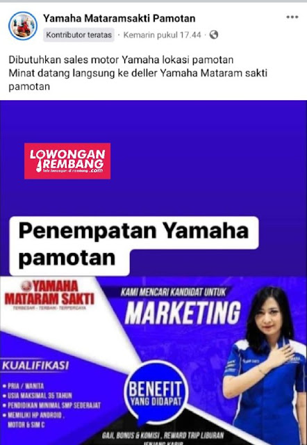 Lowongan Kerja Pegawai Marketing Dealer Motor Yamaha Mataram Sakti Rembang