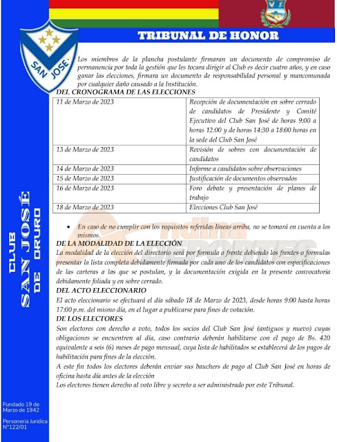 Convocatoria  a elecciones del Directorio del Club San Jose Gestión 2023 - 2027