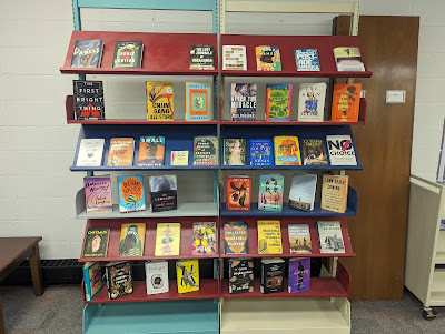 The New book shelves at Gardner-Harvey Library.