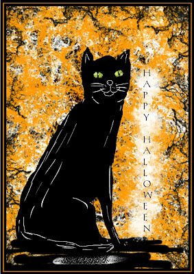 A smiling illustrated black cat against an orange background.
