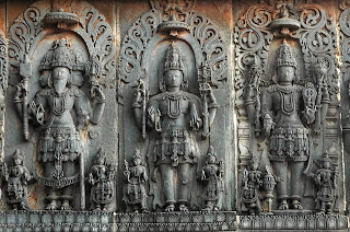 Brahma, Shiva, Vishnu, the trinity Halebid, Karnataka.