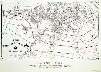 Isochrone map, which has a series of concentric lines around Ottawa showing how far you can get in any direction in 2 and a half minutes, five minutes, etc. up to 20 minutes. The intersection of Carling and Richmond, for example, is halfway between the 15 and 17.5 minute lines. Because of the layout of Ottawa's streets, these lines are very irregularly shaped.
