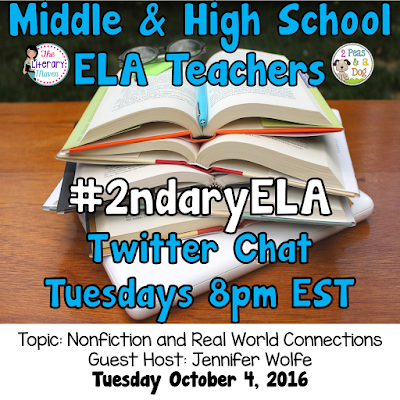 Join secondary English Language Arts teachers Tuesday evenings at 8 pm EST on Twitter. This week's chat will be about nonfiction and real world connections.