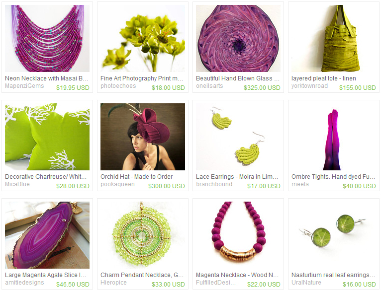 http://www.etsy.com/treasury/NjE2MzQ4OXwyNzIzNTM2NTY4/warm-and-cool-magenta-and-chartreuse-in?ref=pr_treasury#