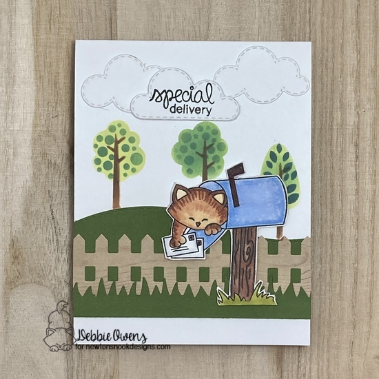 Special Delivery by Debbie features Newton's Happy Mail, Fence, Tree Line, Land Borders, and Sky Scene Builder by Newton's Nook Designs; #inkypaws, #newtonsnook, #catcards, #cardmaking