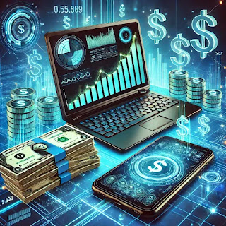 A futuristic digital representation of online money-making methods. The image features a laptop displaying financial graphs, a smartphone showing freelancer earnings, and floating dollar symbols, set against a neon blue cyber-themed background symbolizing digital transactions and financial growth.