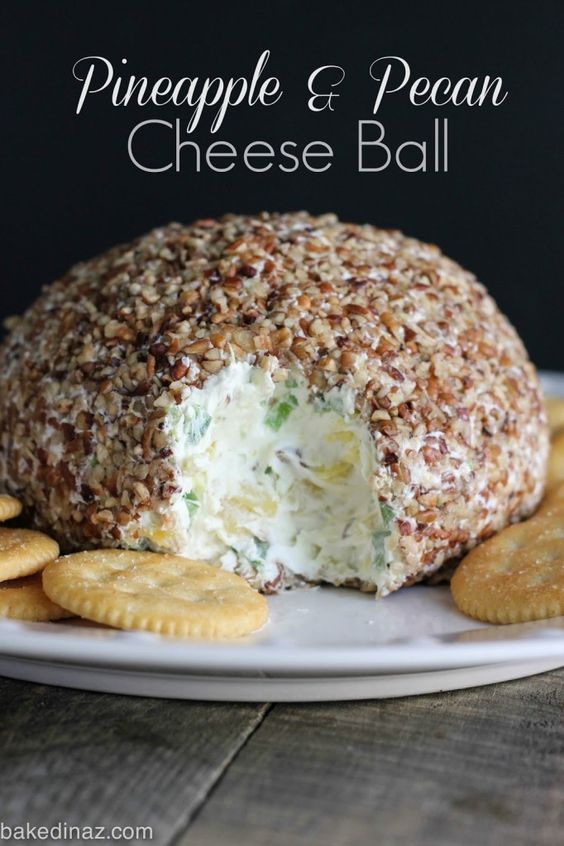 Chopped bell pepper, green onions, pecans & pineapple mixed with cream cheese then rolled in more pecans. This is the best cheese ball! Everybody loves a good cheese ball. And this is the best cheese ball in my opinion. Nana makes it every year for Christmas Eve. If you didn’t get around to making.