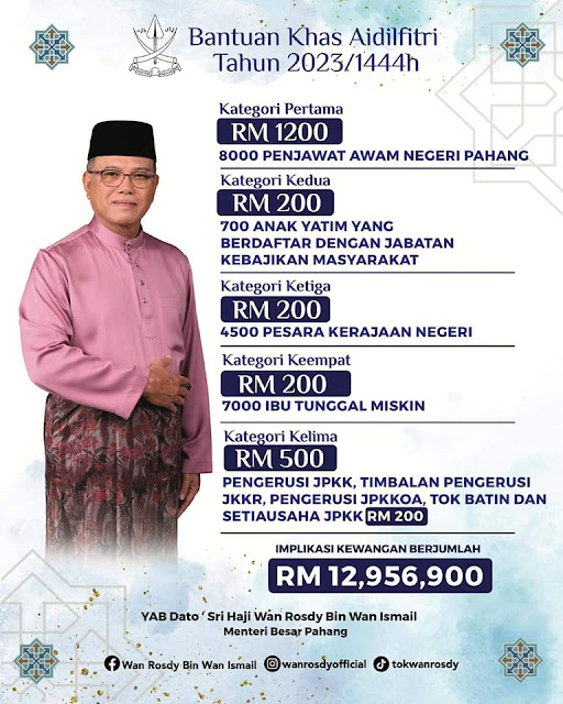 Jumlah Bantuan Khas Aidilfitri 2023 Untuk Penjawat Awam Pahang