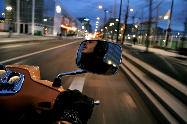 scooter, paris, sunset