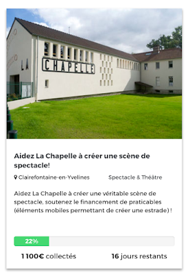 Image de la campagne de crowdfunding pour la Chapelle de Clairefontaine-en-Yvelines qui présente l'argent déjà collectée et le nombre de jour restants de la campagne