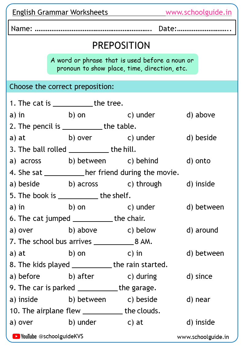 Free Printable Prepositions Worksheets