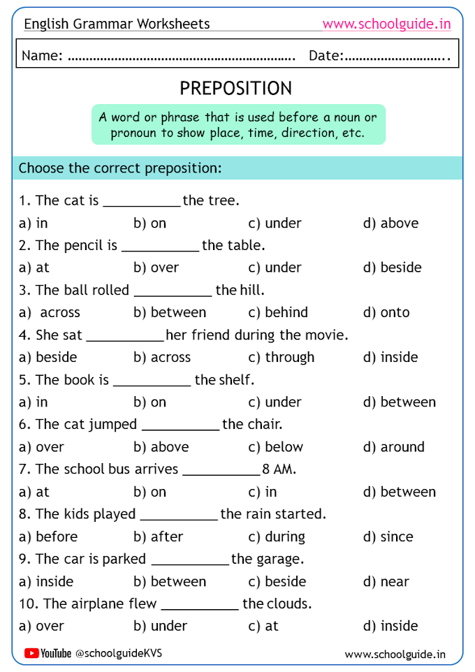 Free Printable Prepositions Worksheets