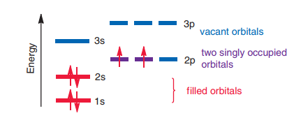 Figure 1.4 Ground-state electronic confi guration of a carbon atom (1s22s22p2). Electrons of opposite spin are represented by arrows pointing up and down.