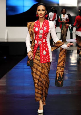 Baju Kebaya Encim Merah Putih Selendang Batik Anggun Klasik Modern 