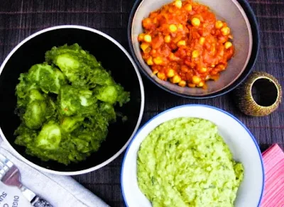 A trio of Indian curry - saag aloo, chickpea curry and spinach and coconut dal