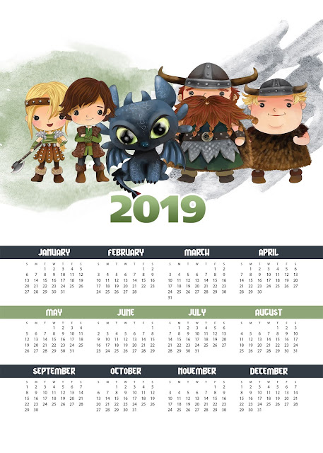 Calendario 2019 de Cómo Entrenar a tu Dragón para Imprimir Gratis. 