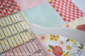 nine patch quilt block, a ruler and a point turner