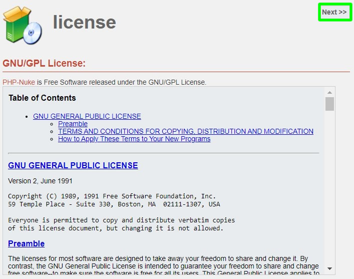 php-nuke installation license page