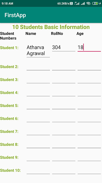 10 Students Info in Table Layout in Android Studio