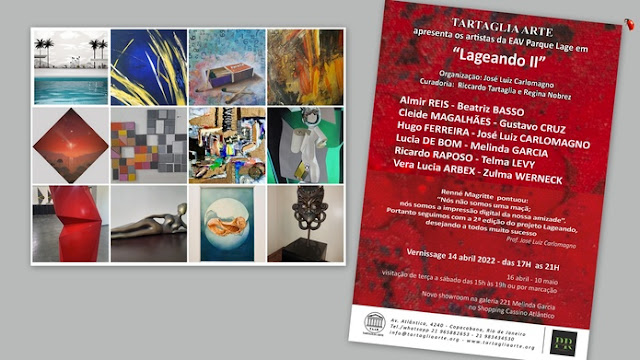 A Tartaglia Arte apresenta a exposição "Lageando II", coletiva com artistas plásticos de diversos estilos, que passaram pela Escola de Artes de Artes Visuais do Parque Lage em algum momento de suas trajetórias