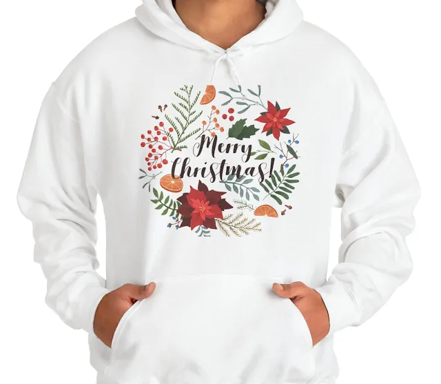 Unisex Red Green Flowers and Leaves Merry Christmas Hoodie Heavy Blend™ Hooded