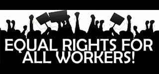A graphic showing silhouettes of people holding signs and fists in the are and the words"Equal Rights For All Workers"