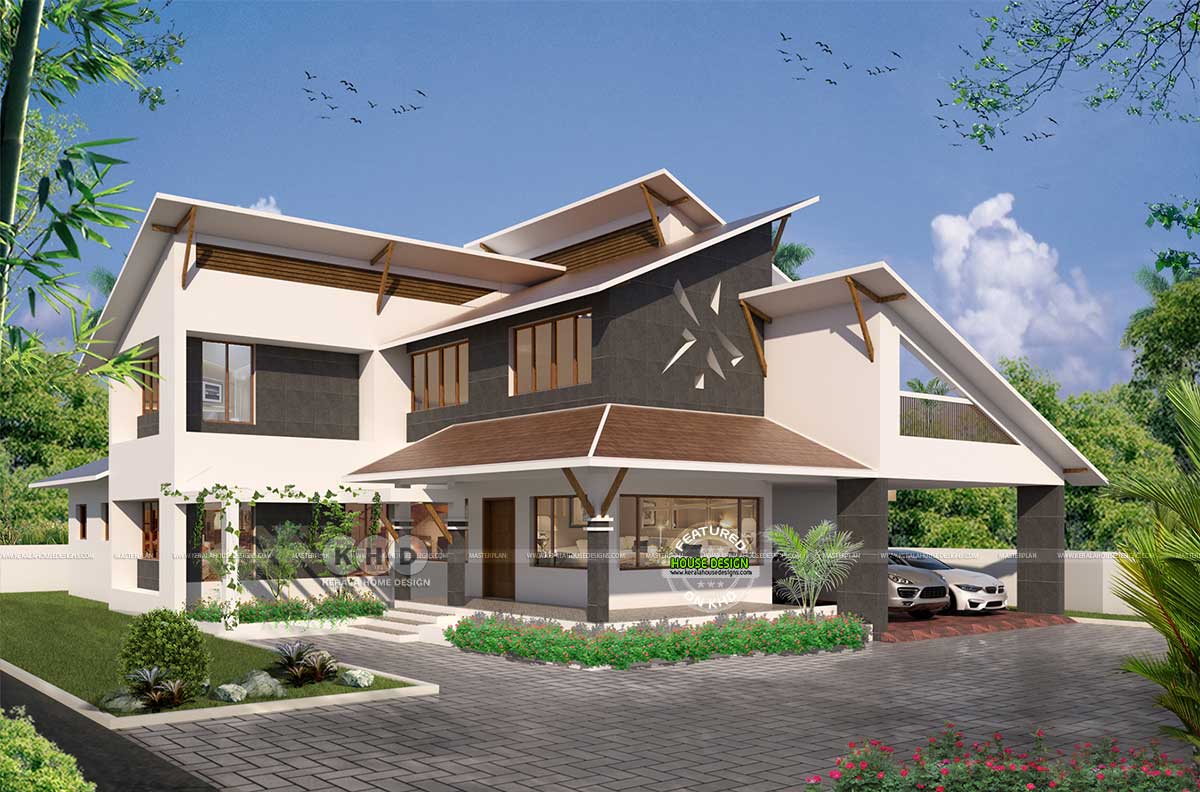 Exterior View of the 4-Bedroom Slanting Roof Mix House in Vykom, Kerala
