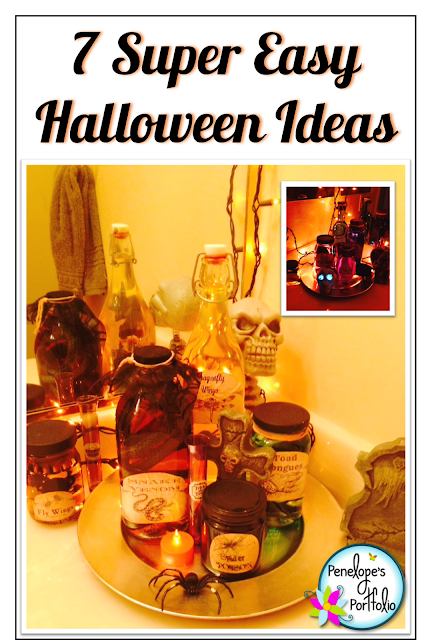 Bottles of various sizes with fun Halloween lables on them and a skeleton in the background make this bathroom fun and spooky