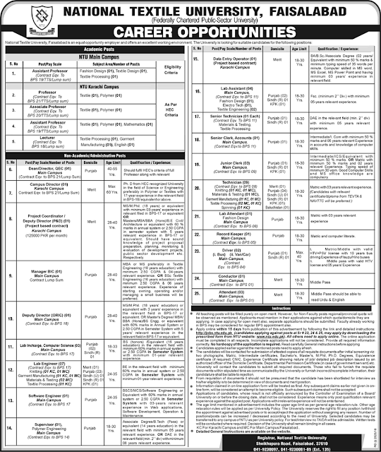 National Textile University (NTU) Karachi & Faisalabad Jobs December 2018