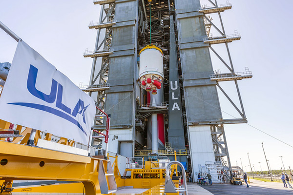 At Cape Canaveral Space Force Station's SLC-41 in Florida, the Centaur V upper stage motor is hoisted into the air to be attached to the Vulcan core stage booster inside the VIF...on November 19, 2023.