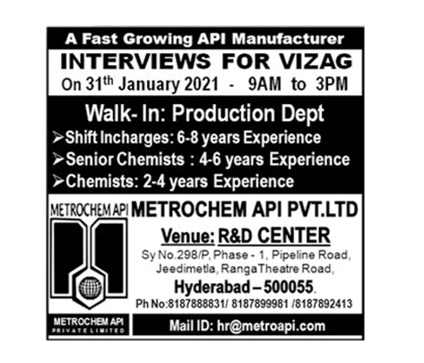 API Pharmatech | Walk-ins for Production for Visakhapatnam on 31st Jan 2021