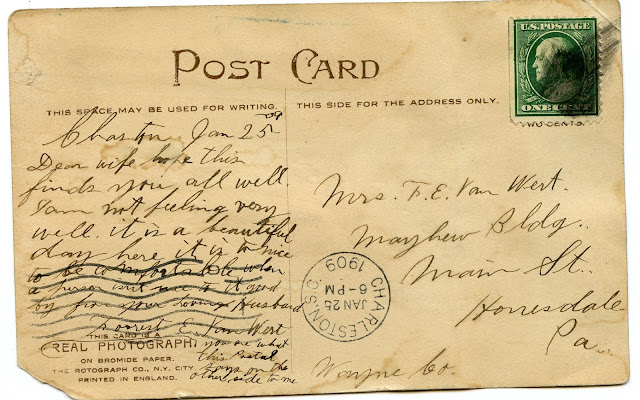 Back of the postcard including Forrest Van Wert's handwriting